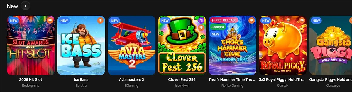 New casino games row featuring 2026 Hit Slot, Ice Bass, Aviamasters 2, Clover Fest 256, Thor’s Hammer Time, 3x3 Royal Piggy: Hold the Spin, and Gangsta Piggy on a dark interface.