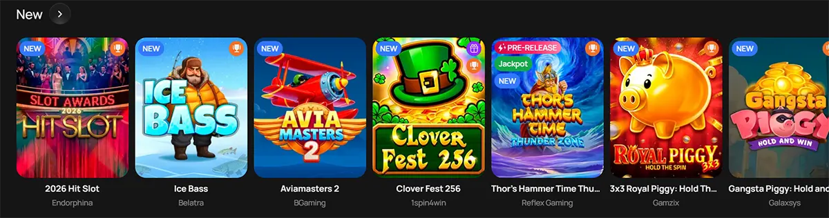 New casino games row featuring 2026 Hit Slot, Ice Bass, Aviamasters 2, Clover Fest 256, Thor’s Hammer Time, 3x3 Royal Piggy: Hold the Spin, and Gangsta Piggy on a dark interface.