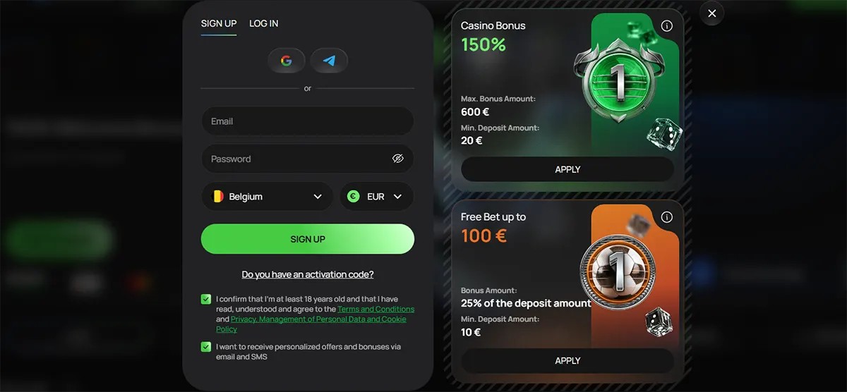 Casino sign-up modal with email and password fields, Belgium and EUR selectors, social sign-up options, a green “Sign Up” button, consent checkboxes, and bonus offer cards for a 150% casino bonus and a free bet up to €100.