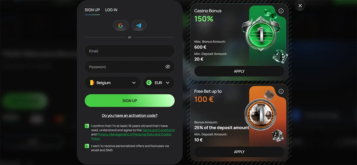 Casino sign-up modal with email and password fields, Belgium and EUR selectors, social sign-up options, a green “Sign Up” button, consent checkboxes, and bonus offer cards for a 150% casino bonus and a free bet up to €100.